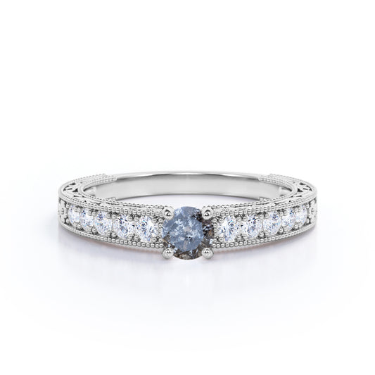 Antique Cathedral 0.7 carat Round cut  Salt and pepper diamond scrollwork filigree engagement ring in White gold