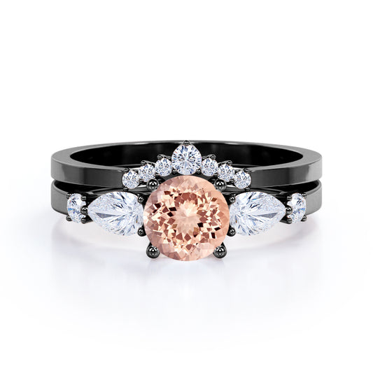 Modern Crown 1.35 carat Round cut Peach pink Morganite and diamond wedding ring set for her in Black gold