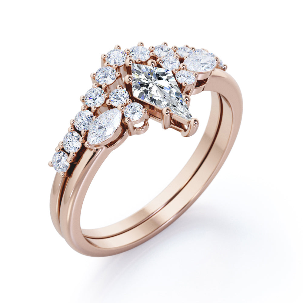 Prong style 1.40 carat Kite shaped Moissanite and diamond vintage inspired Bridal set in Rose gold