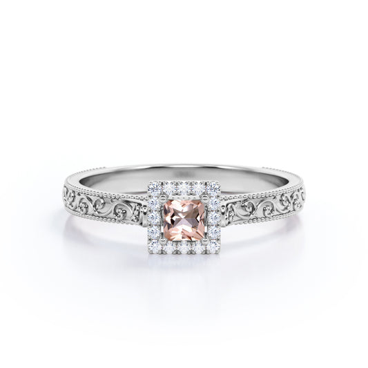 Pave Halo 0.75 carat Princess cut Peach Morganite and diamond ornamental filigree engagement ring in White gold