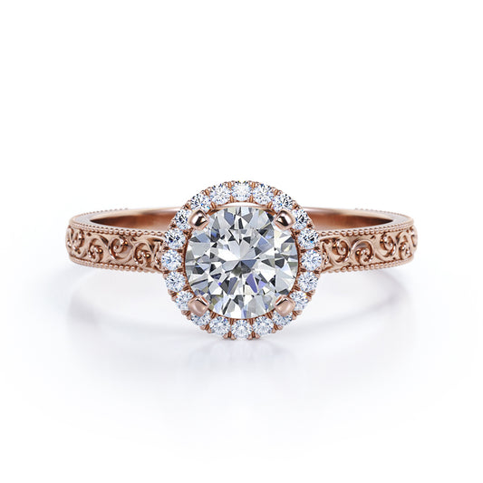 Filigree engraved 1.15 carat Round cut Moissanite and diamond Edwardian engagement ring in Rose gold