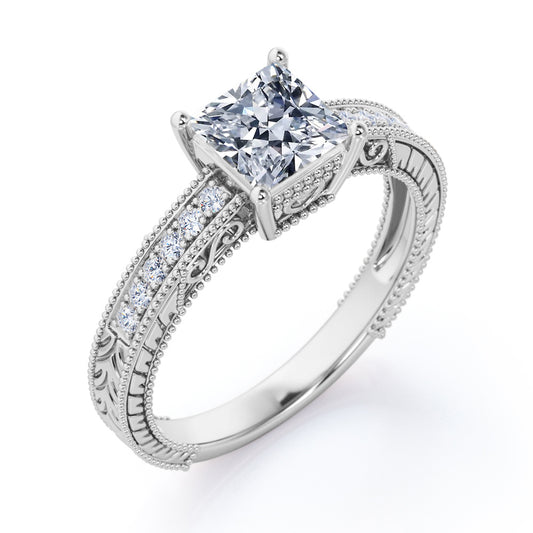 Flawless 0.51 carat Princess cut Diamond 4 Prong Cathedral set - Miligrain Filigree - Vintage Engagement ring for women in Gold