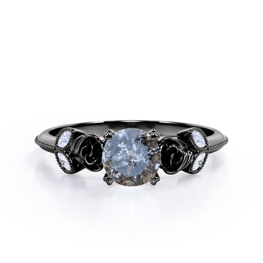 Vintage Flower 0.6 carat Round cut Salt and pepper diamond and White diamond marquise milgrain engagement ring in Black gold