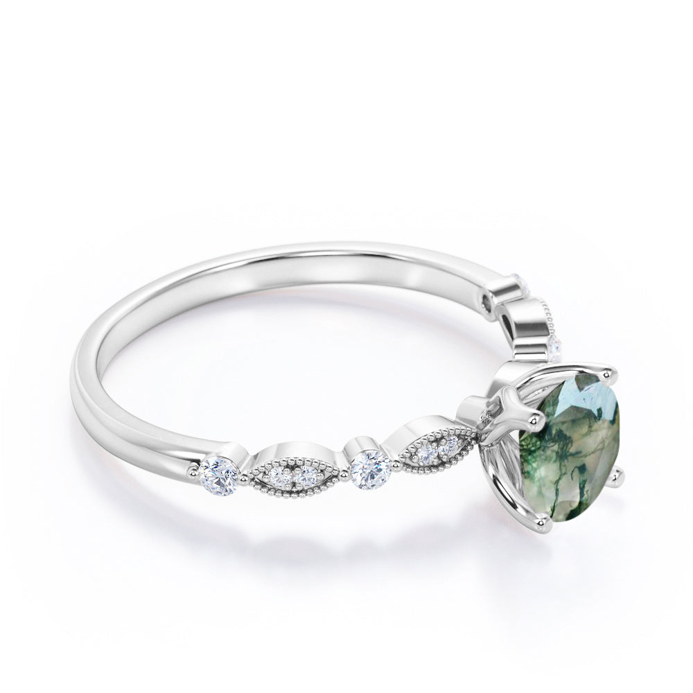 Classic art deco 1.1 carat Round cut Moss Green Agate and diamond engagement ring in White gold