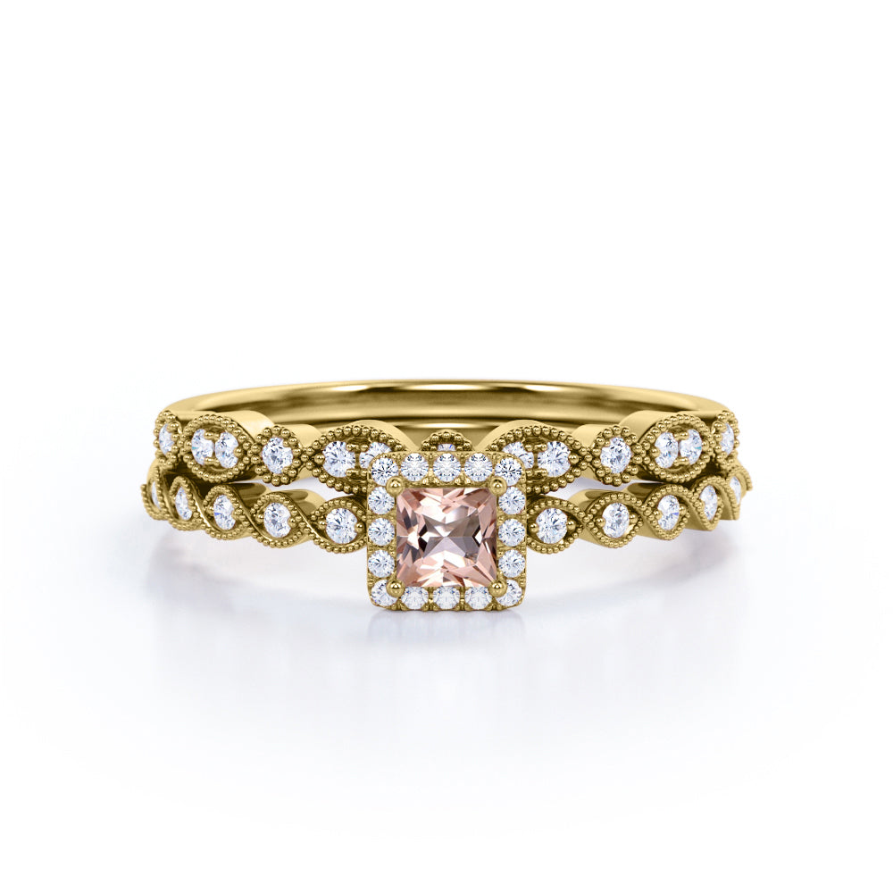Vintage scalloped 1.25 carat Princess cut Peach Morganite and diamond antique bridal set for women in yellow gold