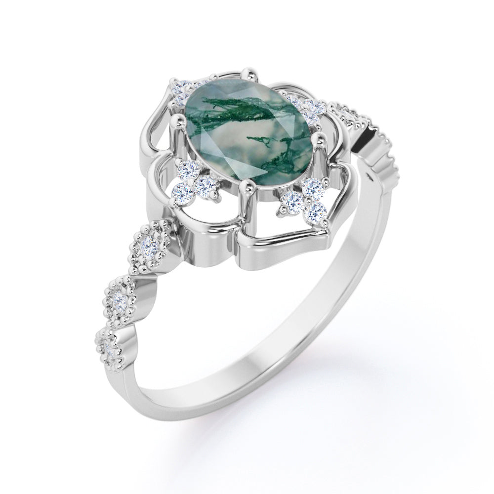 Eccentric Halo 1.25 carat Oval cut Moss Green Agate and diamond floral inspired engagement ring in White gold