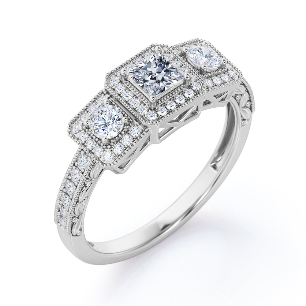 Triple stone Square Halo 1.3 carat Princess cut diamond Engagement ring filigree basket set in Gold