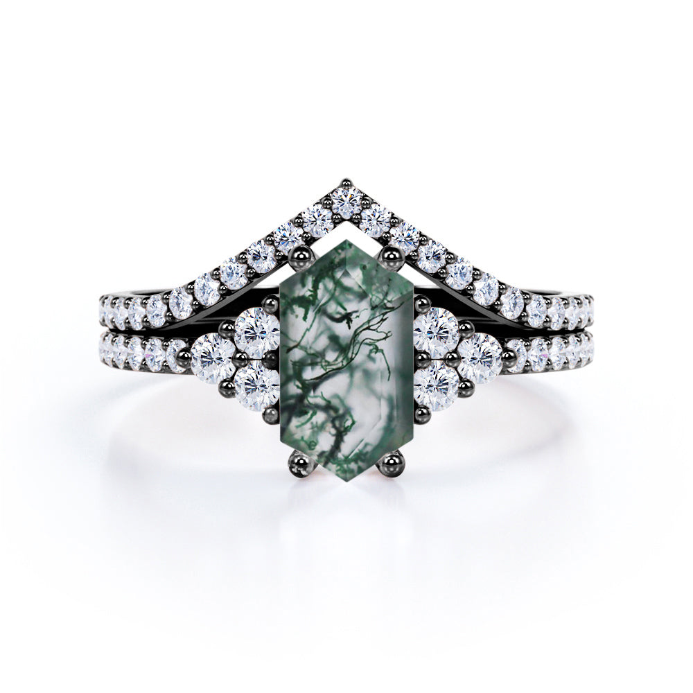 Art deco Chevron 1.6 carat Hexagon shaped Moss Agate and diamond prong style wedding ring set in Black gold