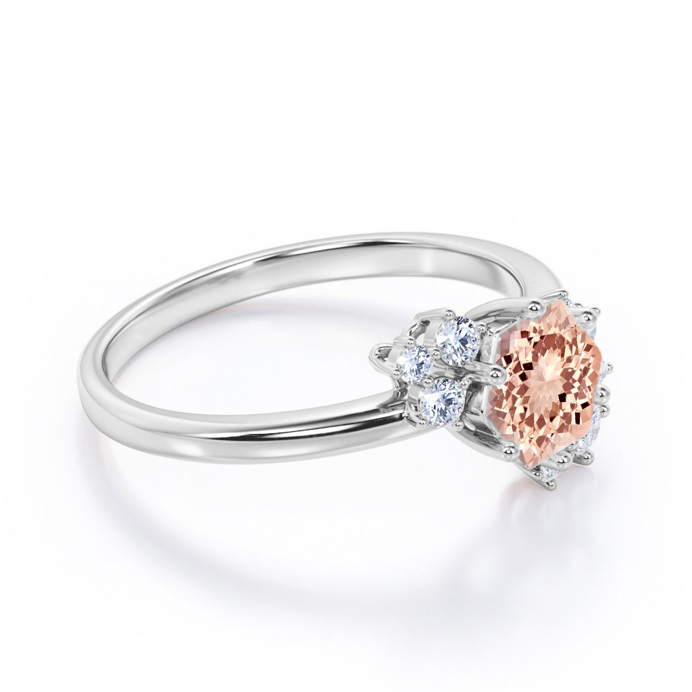 Art deco Inspired 0.65 carat Hexagon shaped Morganite and diamond flower engagement ring in White gold