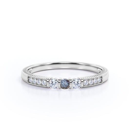 Delicate 0.45 carat Round cut Salt and pepper diamond and white diamond leaf filigree engagement ring in White gold