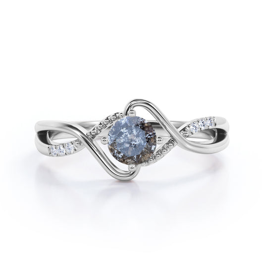 Infinity Milgrain 0.6 carat Round cut Salt and pepper diamond twisted shank engagement ring in White gold