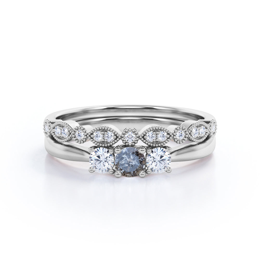 Three stone Milgrain 0.75 carat Round cut salt and pepper diamond and white diamond wedding ring set for women in white gold