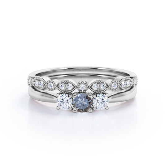 Three stone Milgrain 0.75 carat Round cut salt and pepper diamond and white diamond wedding ring set for women in white gold