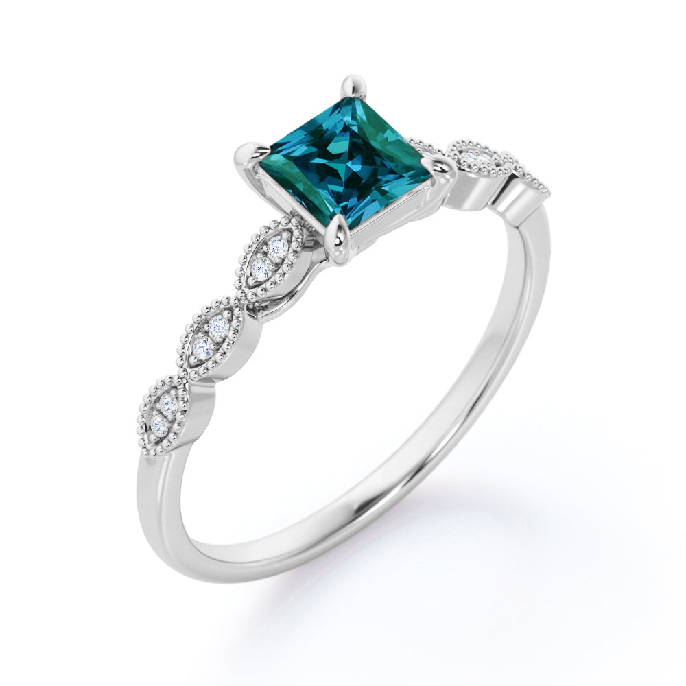 Minimal 1.1 carat Princess cut Lab made Alexandrite and diamond engagement ring for women in White gold