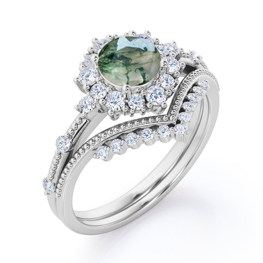 Contoured Cluster 1.45 carat Round cut Moss Green Agate and diamond milgrain art deco wedding ring set in White gold