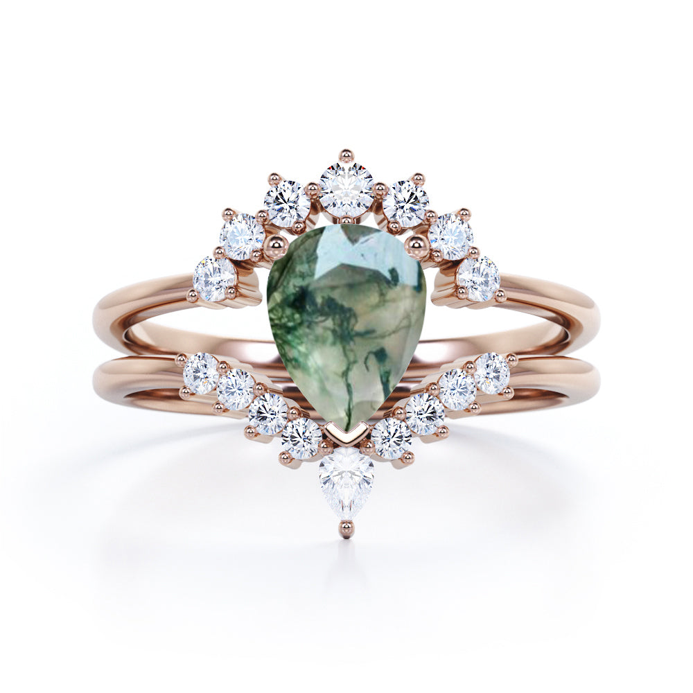 Vintage Crown inspired 1.25 carat Pear cut Moss Green Agate and diamond art deco Bridal set for women in Rose gold