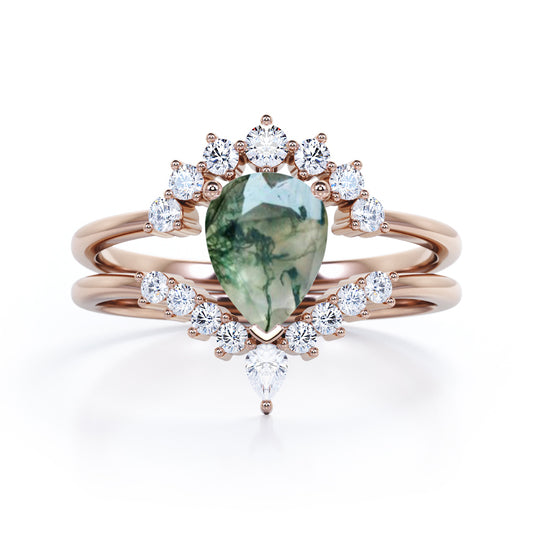 Vintage Crown inspired 1.25 carat Pear cut Moss Green Agate and diamond art deco Bridal set for women in Rose gold