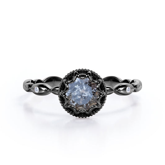 Scalloped Bead décor 0.5 carat Round cut Salt and pepper diamond marquise style engagement ring in Black gold