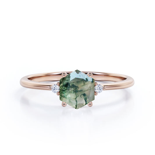 Authentic Trilogy 0.55 carat Hexagon shaped Moss Agate and diamond tapered shank engagement ring in Rose gold