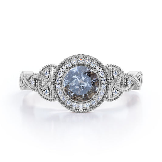 Twisted Vine inspired 0.75 carat Round cut Salt and pepper diamond and White diamond classic halo engagement ring in White gold