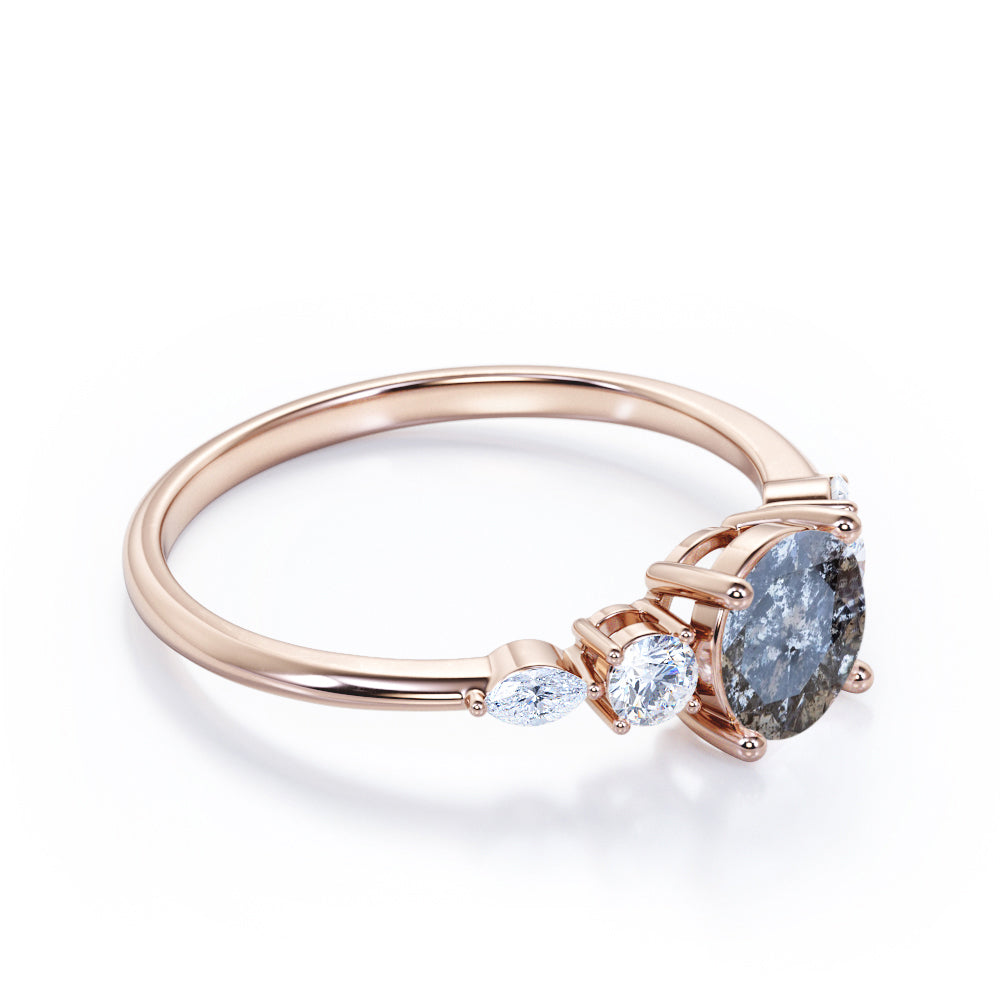 Minimalist 0.65 carat Round cut Salt and pepper diamond and white diamond classic engagement ring in Rose gold