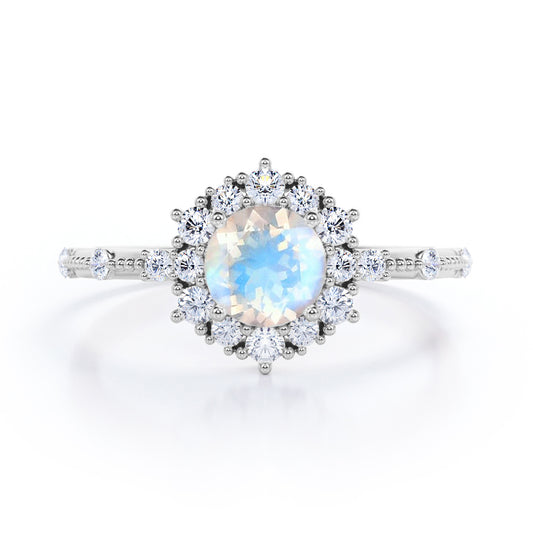 Statement 1.5 carat Round cut Blue Moonstone and diamond snowflake engagement ring in White gold