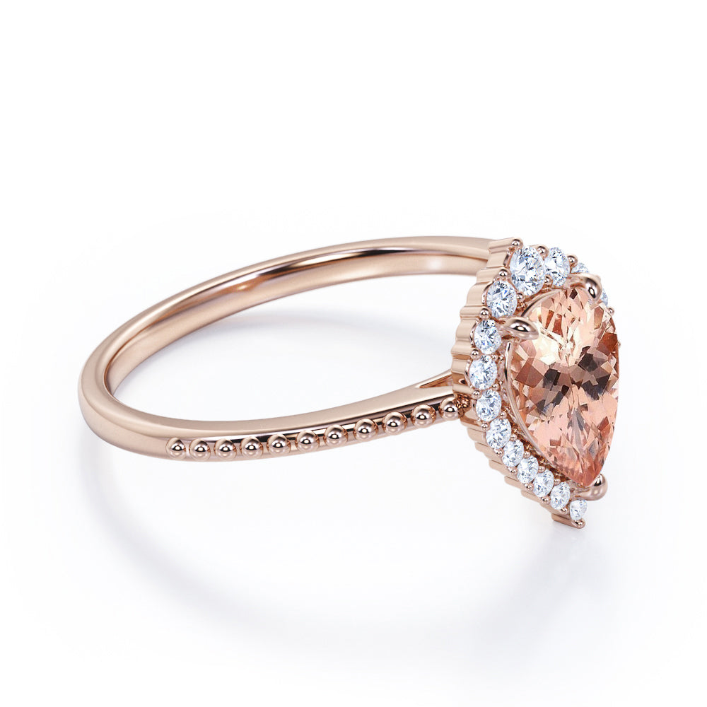 Eccentric Halo 1.25 carat Pear cut Morganite and diamond engraved vintage style engagement ring in Rose gold