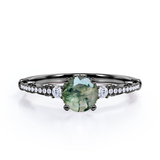 Vintage Bead décor 1.4 carat Round cut Moss Agate and diamond-pave filigree-three stone engagement ring in Black gold