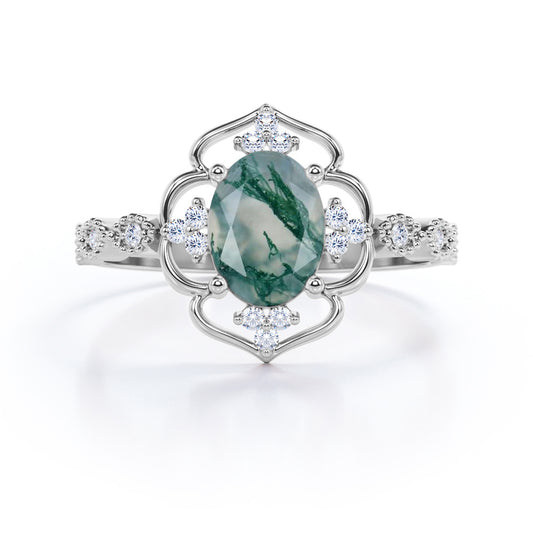 Eccentric Halo 1.25 carat Oval cut Moss Green Agate and diamond floral inspired engagement ring in White gold