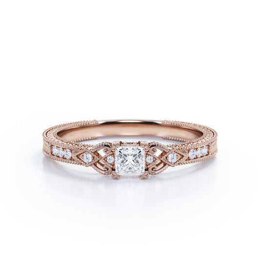 Intricate 1.1 carat Princess cut Moissanite and diamond Edwardian art deco engagement ring in Rose gold