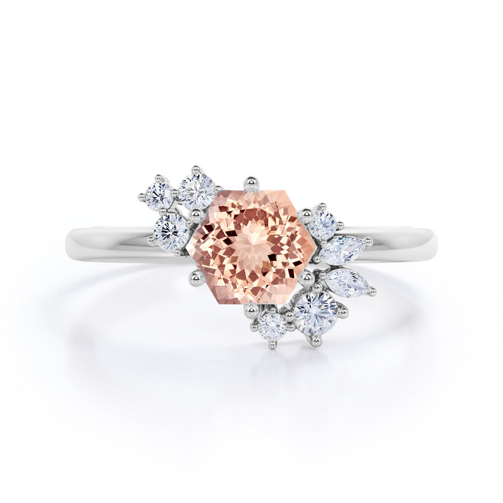 Art deco Inspired 0.65 carat Hexagon shaped Morganite and diamond flower engagement ring in White gold