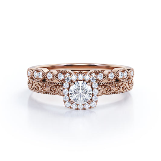 Art deco Filigree 0.75 carat Round cut Moissanite and diamond milgrain and halo Bridal set in Rose gold