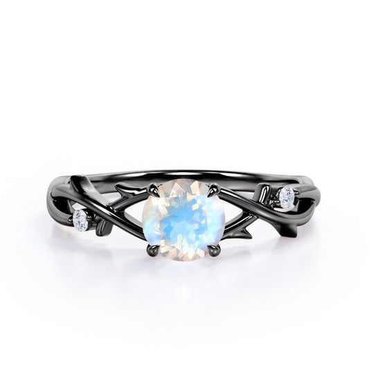 Dainty Branchlet 1.1 carat Round cut Blue Moonstone and diamond nature inspired engagement ring in Black gold