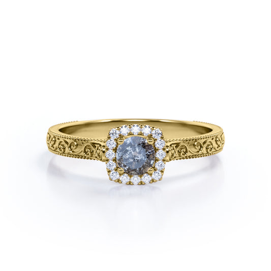 Victorian halo 0.65 carat Round cut Salt and pepper diamond and White diamond anniversary ring for her in yellow gold