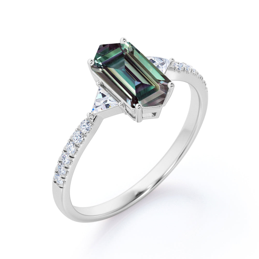 Pave three stone1.25 carat Hexagon shaped Synthetic Alexandrite and diamond trillion engagement ring in White gold