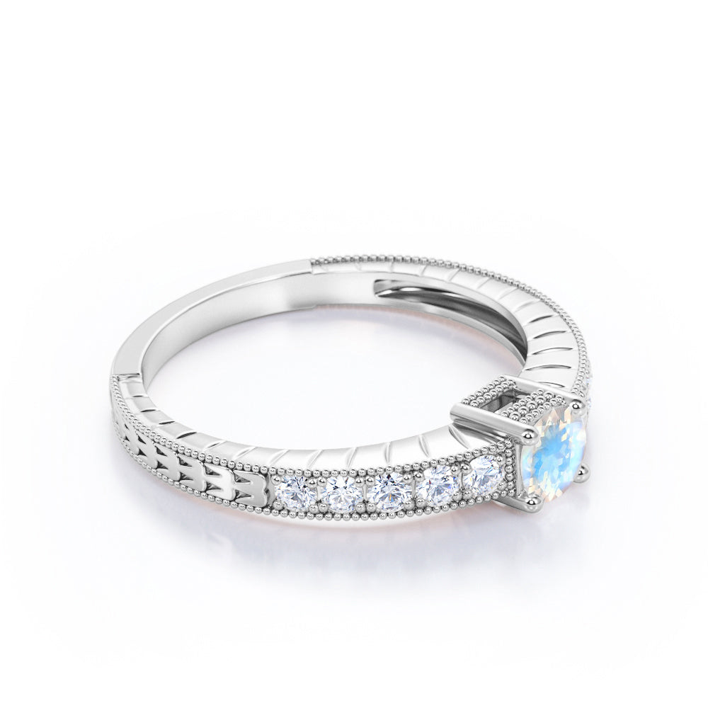 Vintage Beaded 1.25 carat Round cut Blue Moonstone and pave diamond Milgrain Edge Engagement ring in White gold