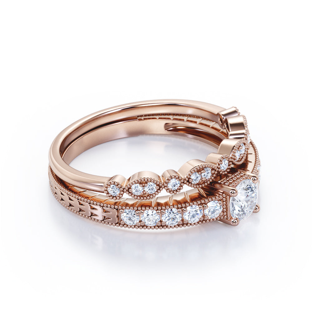 Vintage Bead décor 1 carat Round cut Moissanite and diamond art deco Bridal set in Rose gold