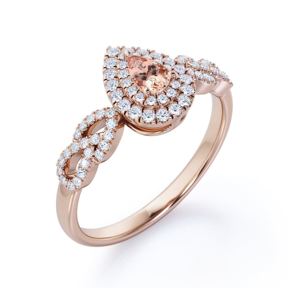 1.5 carat Pear cut Peach Morganite and diamond twisted double halo engagement ring in Rose gold