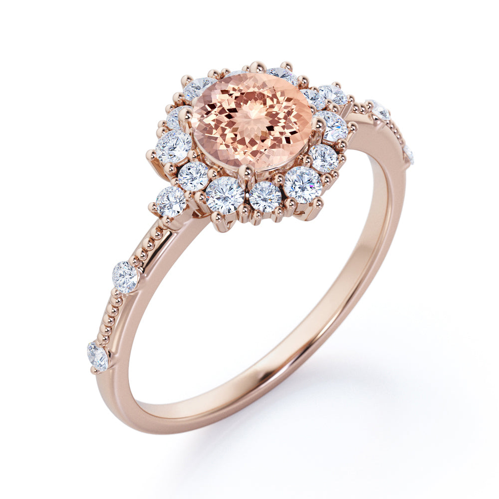 Flower Inspired 1.5 carat Round cut Morganite and diamond unique halo milgrain engagement ring in Rose gold