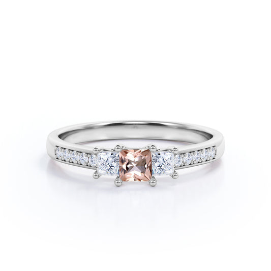 Channel set 0.75 carat Princess cut Morganite and diamond past present future engagement ring in White gold
