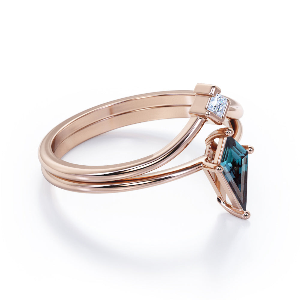 Exquisite 2 stones 1.1 carat Kite shaped Lab created Alexandrite and diamond contoured bridal set for women in Rose gold