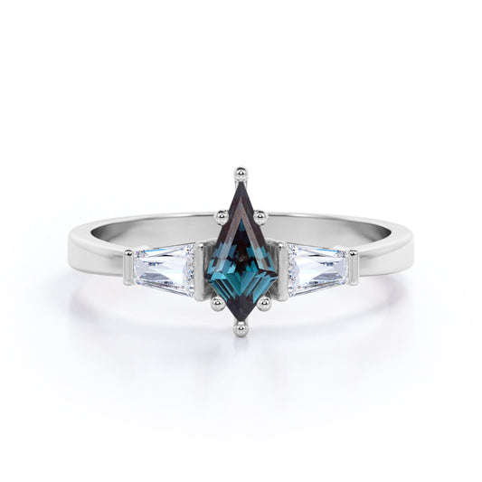 Baguette style 1.1 carat Kite shaped Alexandrite and diamond unique three stone engagement ring in White gold