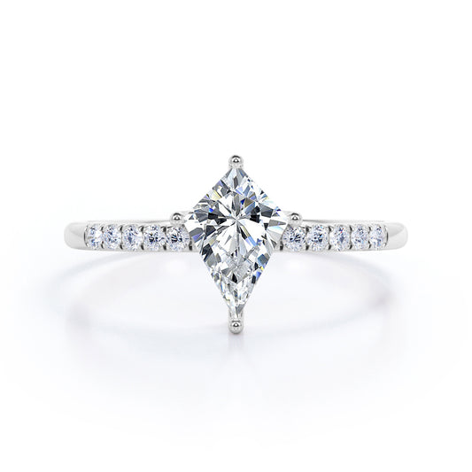 Pave style 1.1 carat Kite shaped Moissanite and diamond classic style engagement ring in white gold