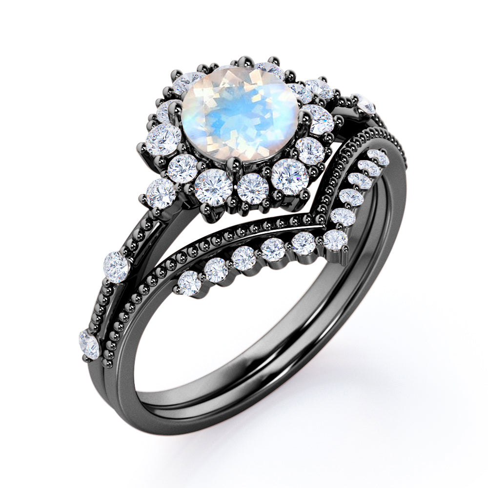 Crowned Milgrain 1.7 carat Round cut Moonstone and diamond vintage art deco wedding ring set in Black gold