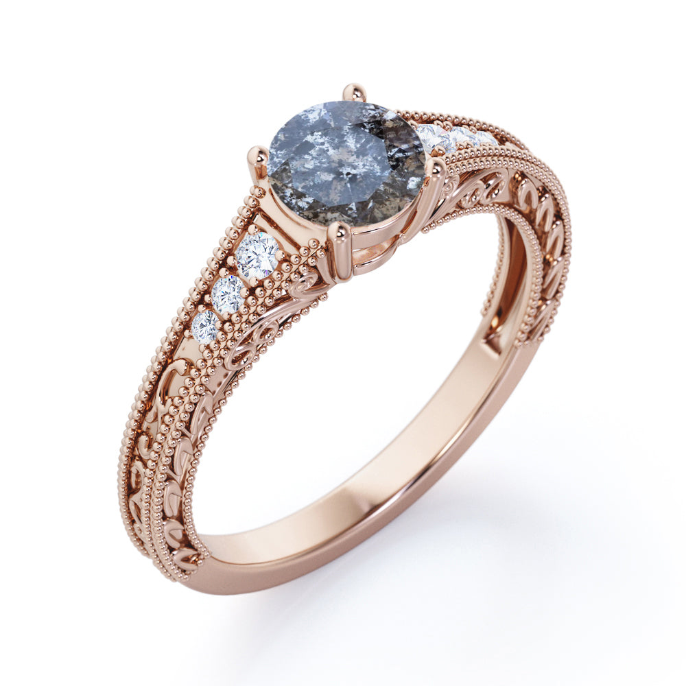 Vintage Scrollwork 0.65 carat Round cut Salt and pepper diamond and White diamond Milgrain engagement ring in Rose gold