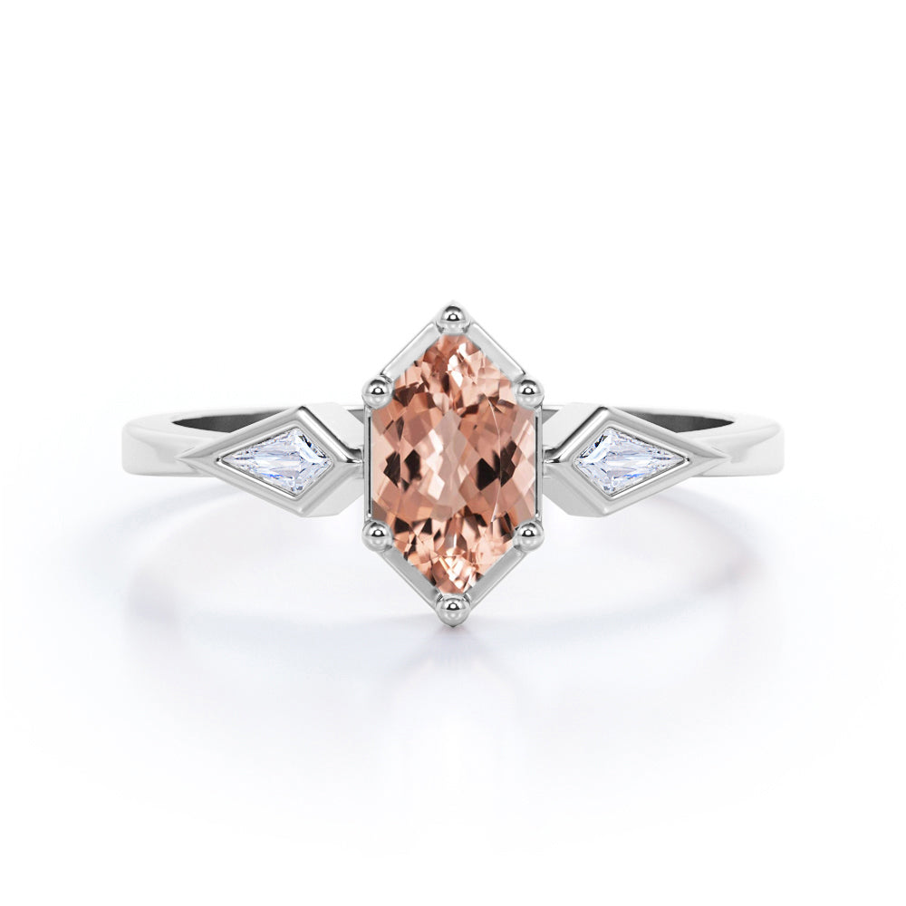 Intricate three stone 1.1 carat Hexagon shaped Morganite and kite diamond engagement ring in White gold
