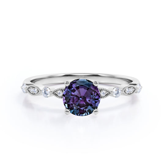 Authentic 1.1 carat Round cut Lab made Alexandrite and diamond-Milgrain-classic prong engagement ring in White gold
