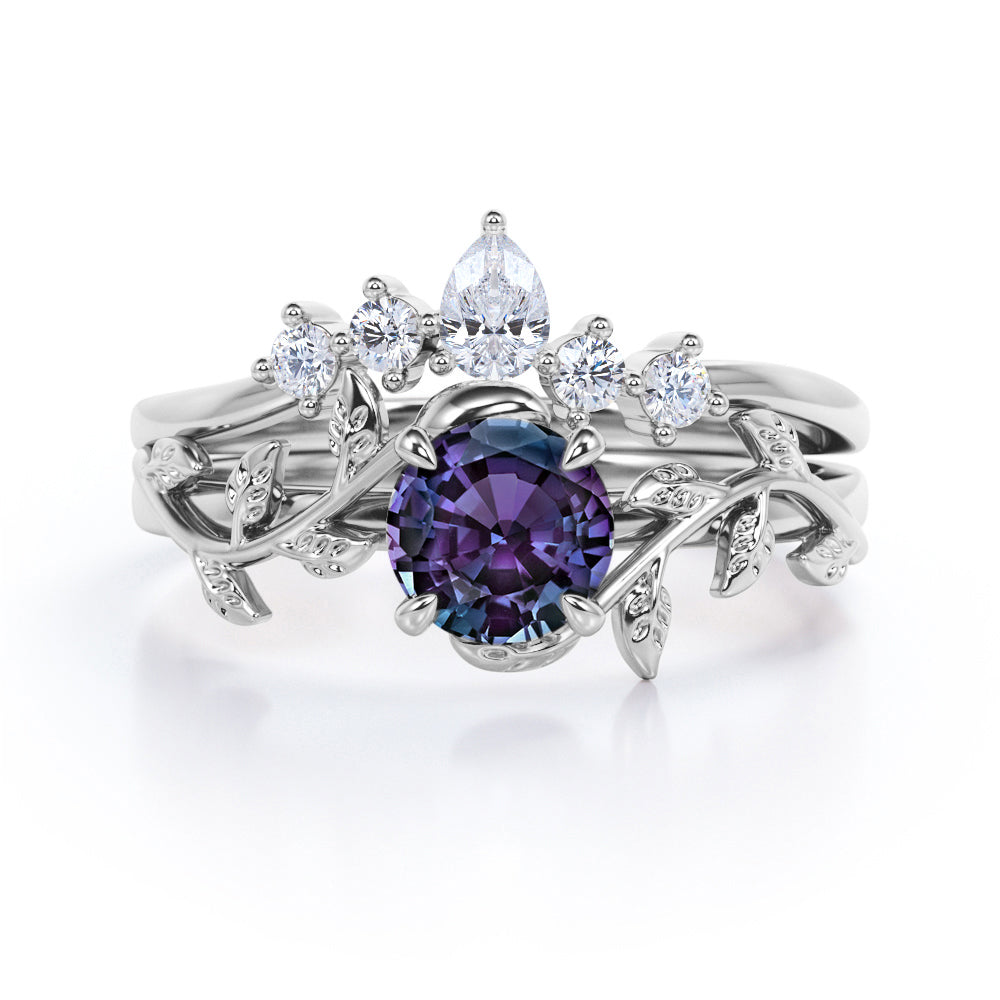 Floral Tiara 1.2 carat Round cut Lab created Alexandrite and diamond claw prong engagement ring in White gold