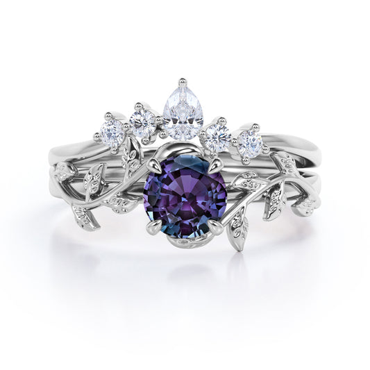 Floral Tiara 1.2 carat Round cut Lab created Alexandrite and diamond claw prong engagement ring in White gold