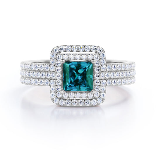 Elegant Eternity 1.75 carat Princess cut Lab created Alexandrite and diamond trio wedding ring set for women in White gold